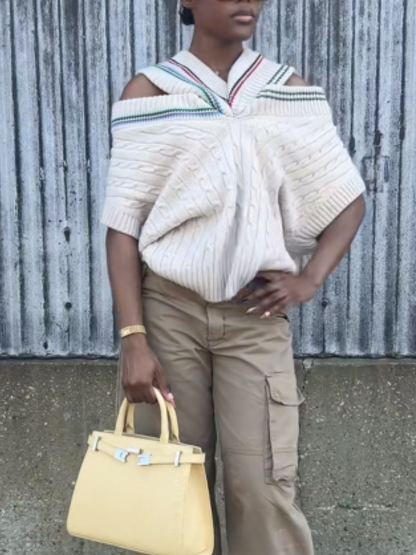 Open-Shoulder Contrast Knit Sweater