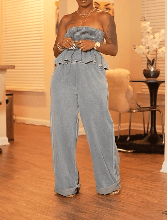 Bustier Washed Lace Top Wide Leg Pants Set