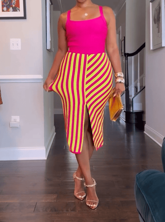 Multi-color Patchwork Striped Midi Dress