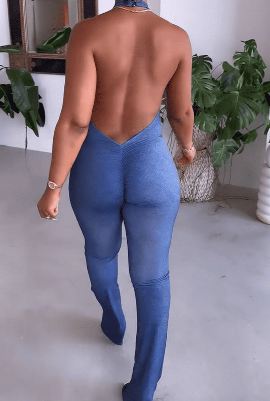 Blue Backless Skinny Jumpsuit