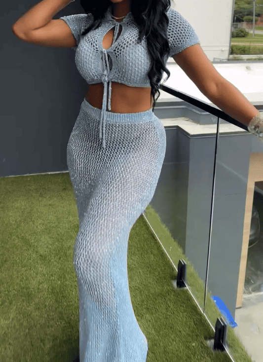 Blue Knit Cutout Top & Skirt Set