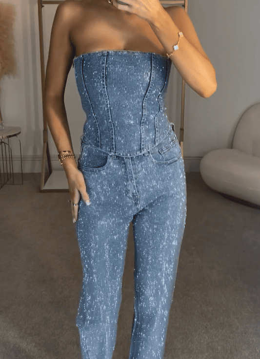 Blue rhinestone top + jeans set