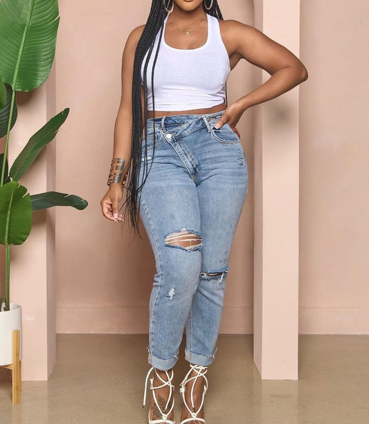 Tummy Tuck Skinny Ripped High Waist Jeans-Dark Wash