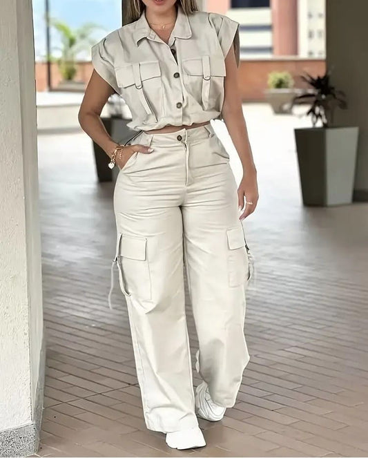 Solid Button Front Tank Top & Cargo Pants