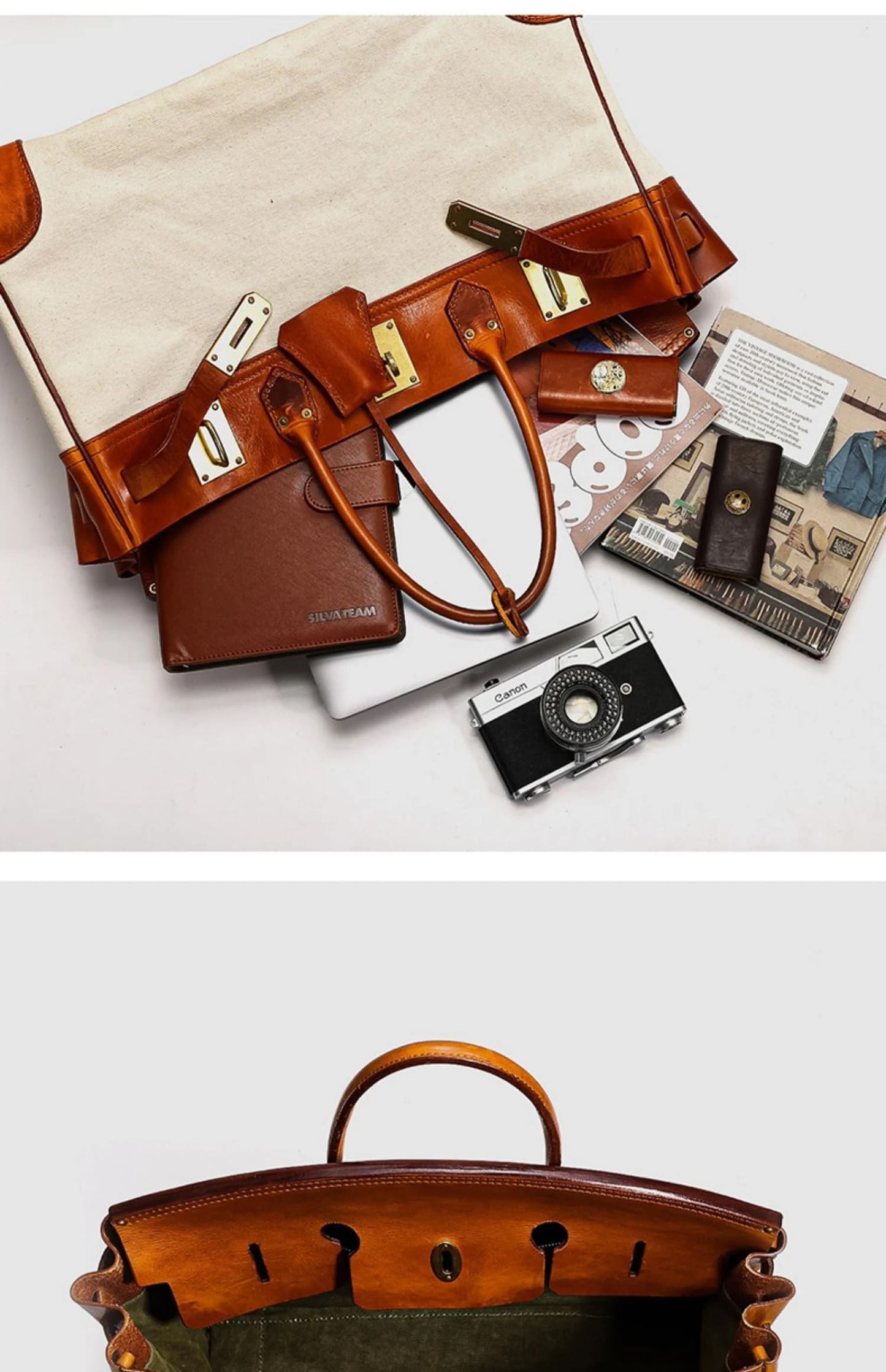 Two-Tone Canvas And Leather Handbag