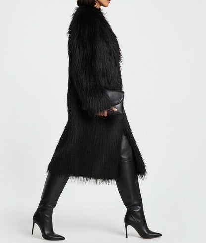 Black Long Haired Maxi Coat in Shaggy Soft Faux Fur