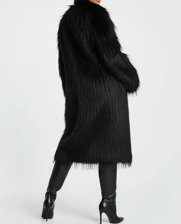 Black Long Haired Maxi Coat in Shaggy Soft Faux Fur