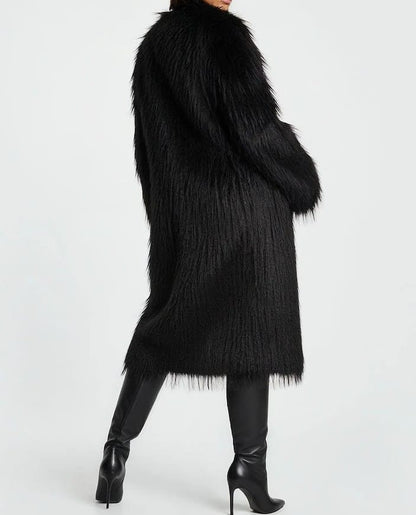 Black Long Haired Maxi Coat in Shaggy Soft Faux Fur