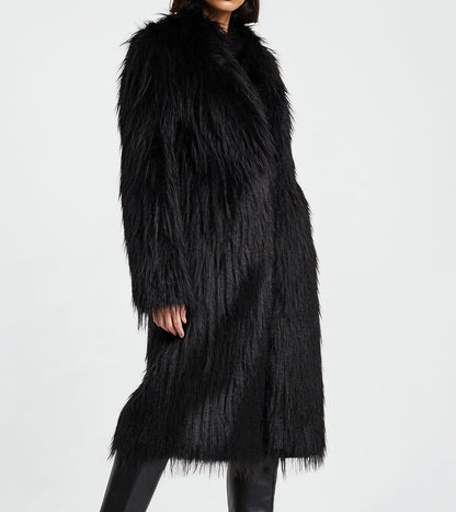 Black Long Haired Maxi Coat in Shaggy Soft Faux Fur