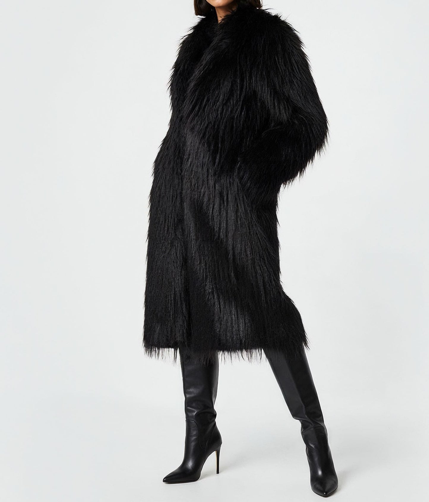 Black Long Haired Maxi Coat in Shaggy Soft Faux Fur