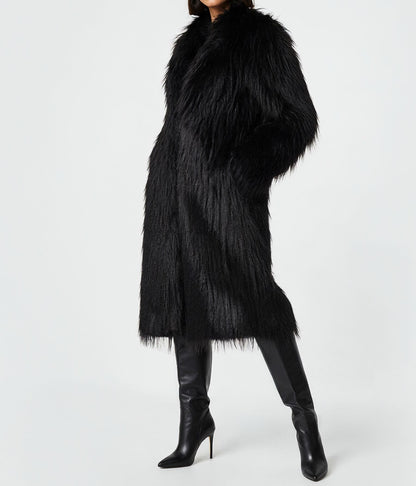 Black Long Haired Maxi Coat in Shaggy Soft Faux Fur