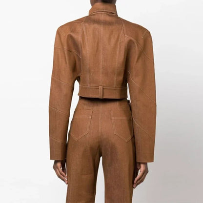 Stand Neck Long Sleeve Button Coat High Waist Pants 2pc Set