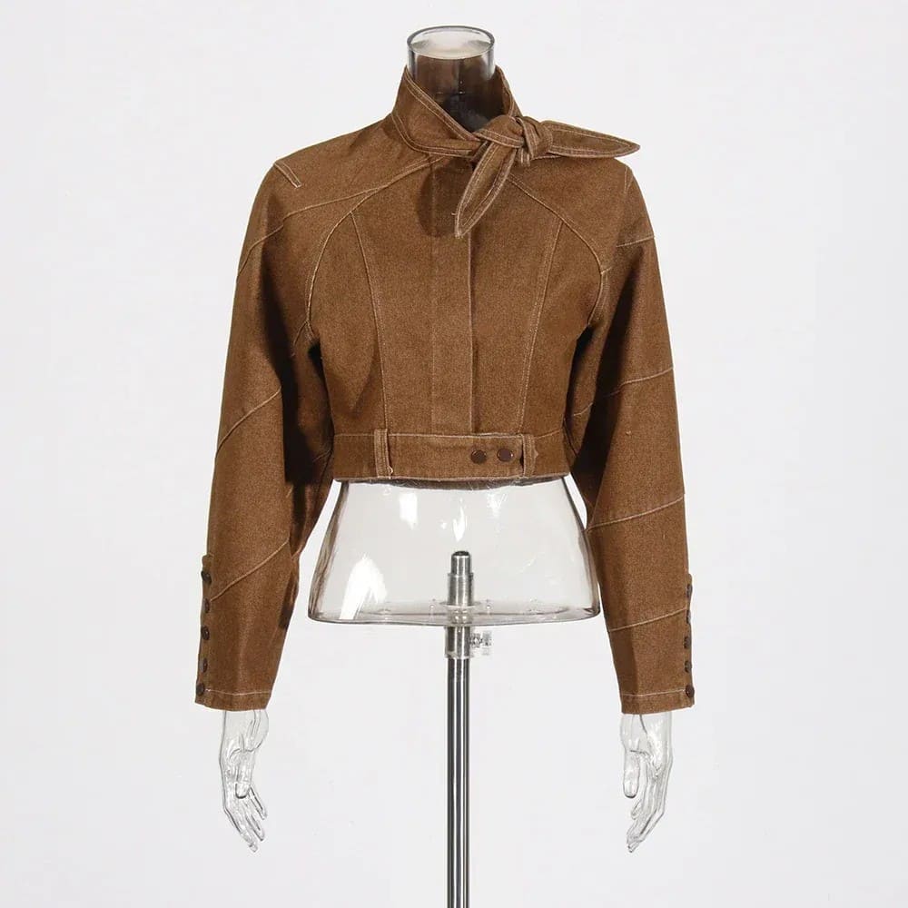 Stand Neck Long Sleeve Button Coat High Waist Pants 2pc Set