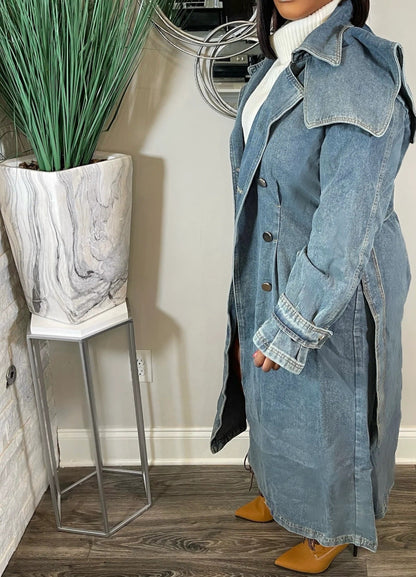 Blue Lapel Long Sleeve Denim Coat