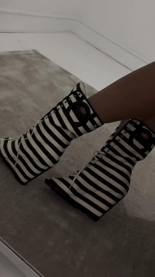 Double-C Striped Peep Toe Wedge Ankle Boots