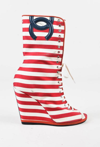 Double-C Striped Peep Toe Wedge Ankle Boots
