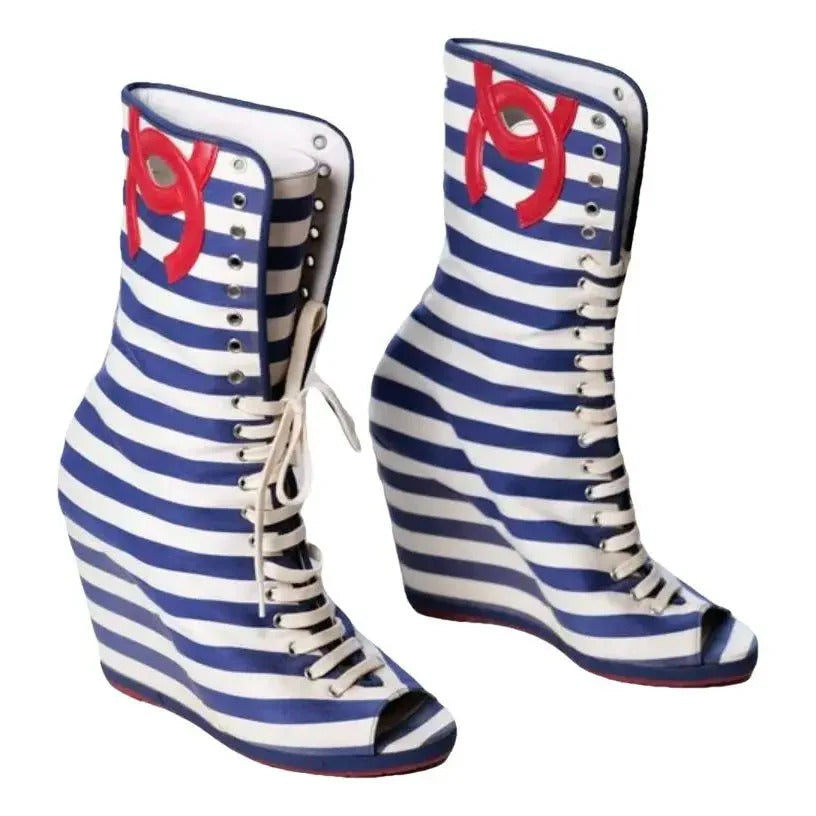 Double-C Striped Peep Toe Wedge Ankle Boots