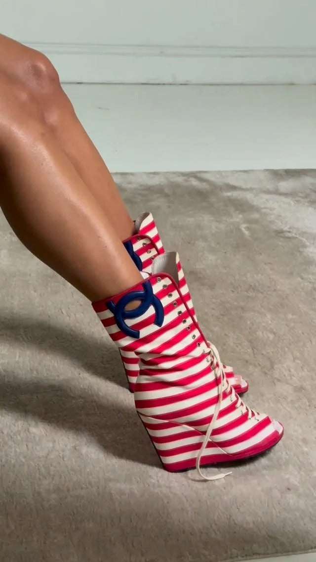 Double-C Striped Peep Toe Wedge Ankle Boots