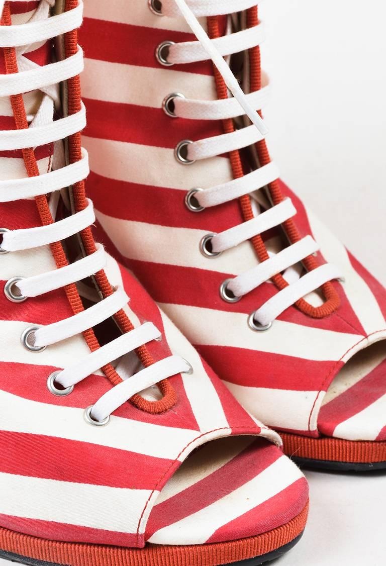 Double-C Striped Peep Toe Wedge Ankle Boots