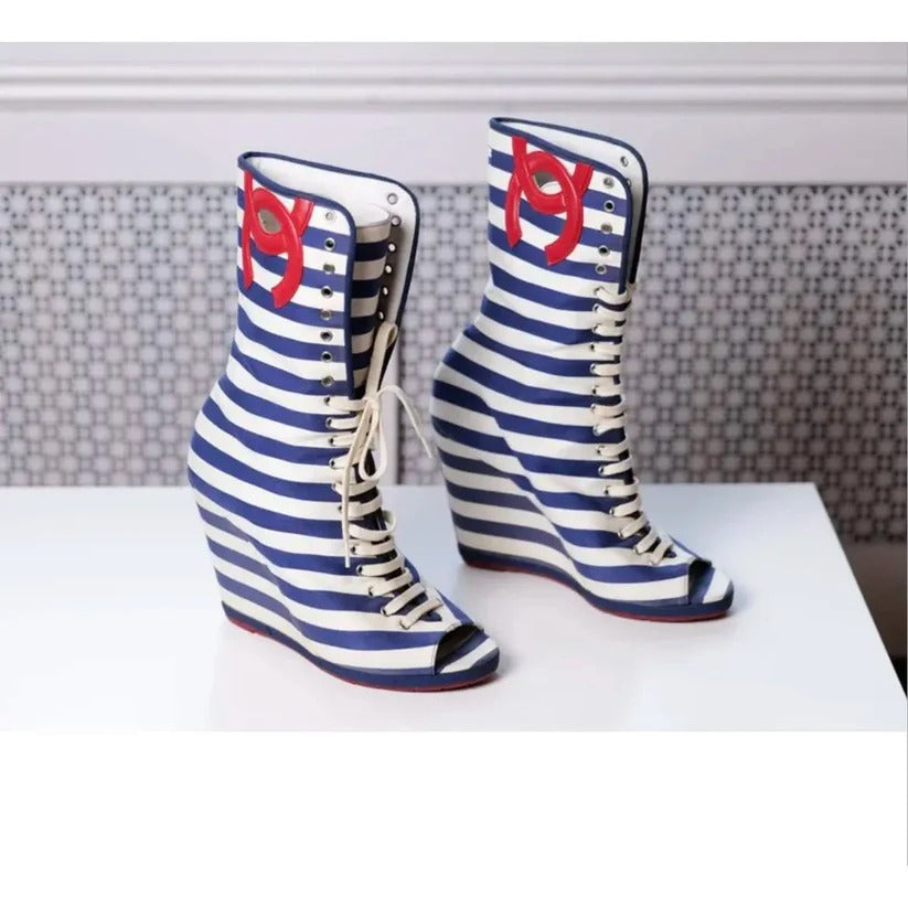 Double-C Striped Peep Toe Wedge Ankle Boots