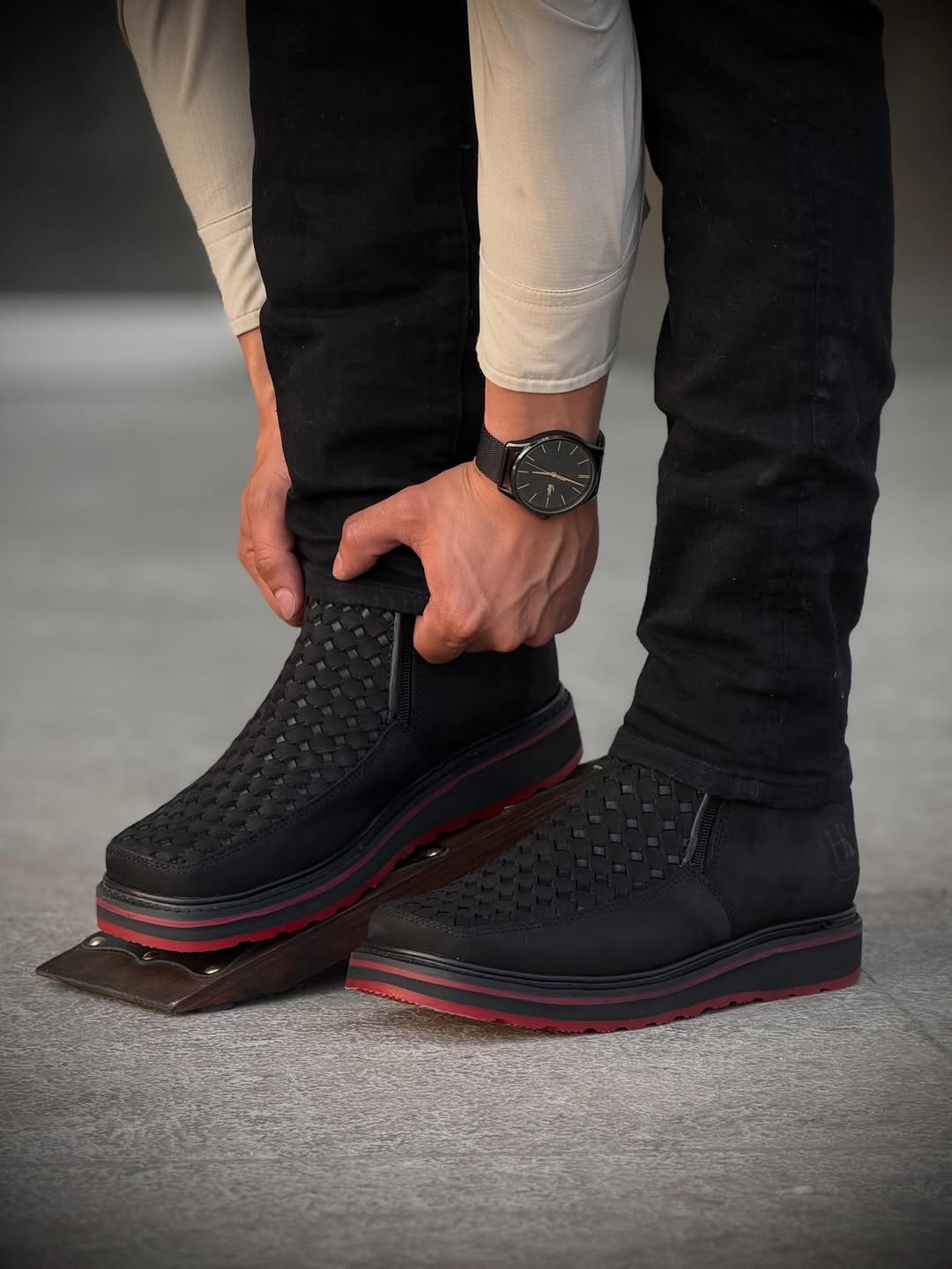 Red-soled Leather Woven Boots