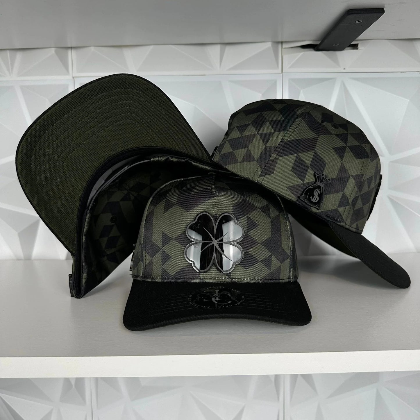 Premium Clover Emblem Geometric Camo Flatbill Caps