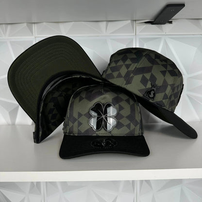 Premium Clover Emblem Geometric Camo Flatbill Caps