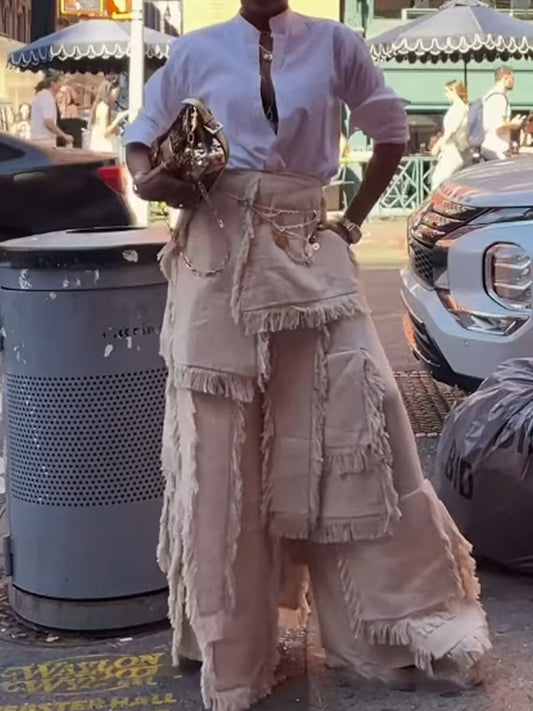 Fringed Hem Patchwork High Waist Trousers
