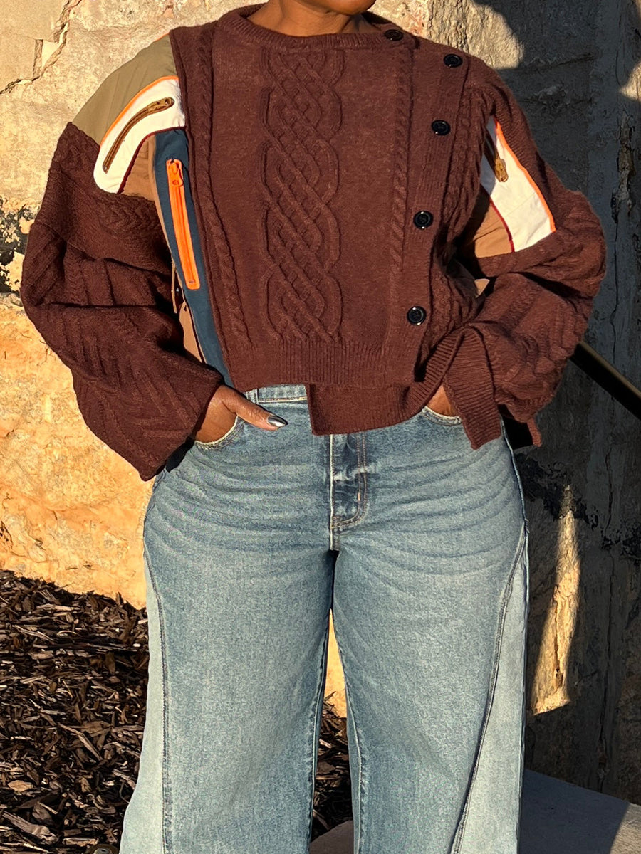 Asymmetrical Button Color Block Cable Knit Sweater