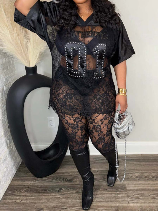 Printed Loose Casual Sexy Lace Patchwork T-shirt