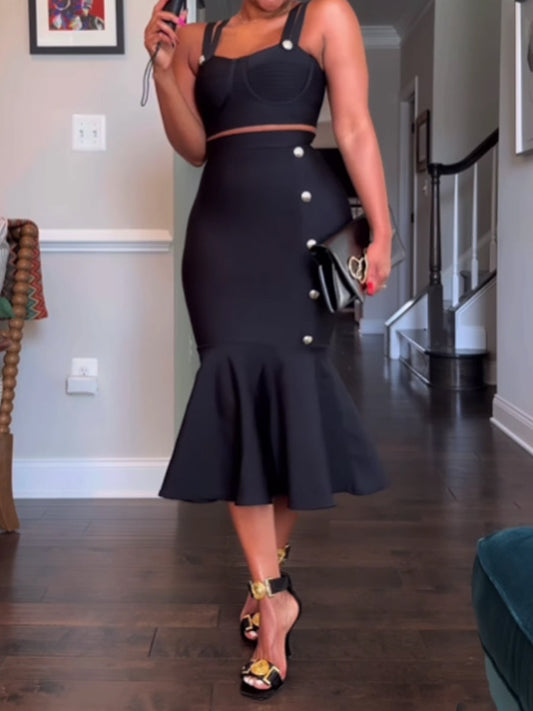 Button Up Mermaid Bandage Skirt Set