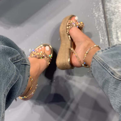 Rhinestone Sparkle Woven Platform Wedge Sandals