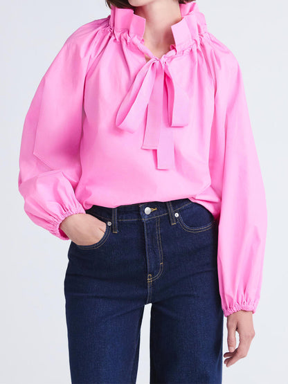Ruffled Neck Adjustable Bow Balloon Sleeves Blouse