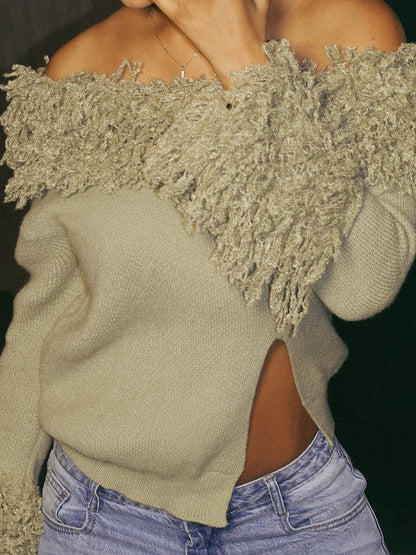 Knitted Skew Neck Tassels Top