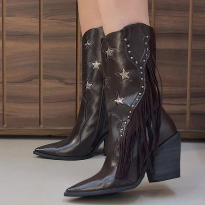 Fringed Pointed Toe Chunky Heel Ankle Boots