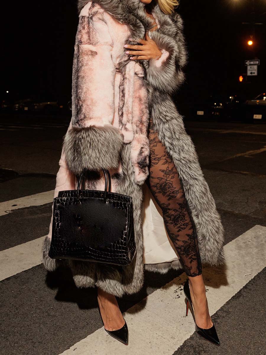 Elegant Color Block Belted Faux Fur Coat