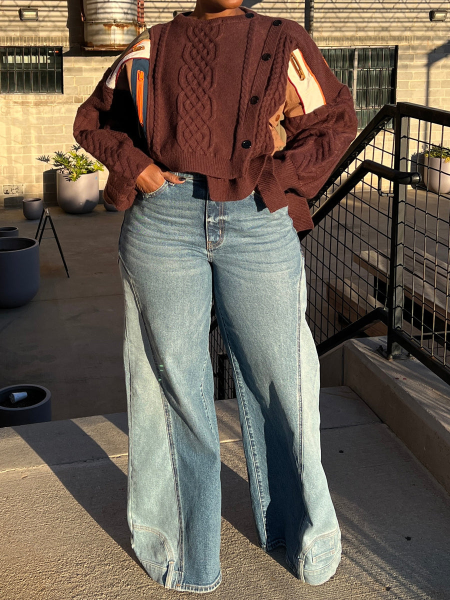 Asymmetrical Button Color Block Cable Knit Sweater