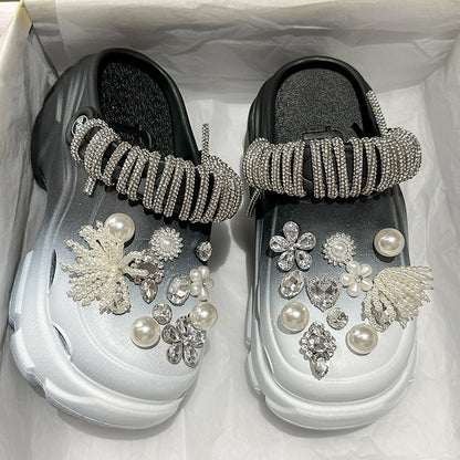 Pearl Rhinestone Chain Platform Hole Shoes Slippers